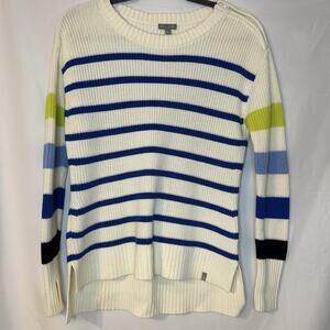 T By Talbots Womens Sweater Size MP Ivory Blue Green Stripes Thumb Hole Side Zip